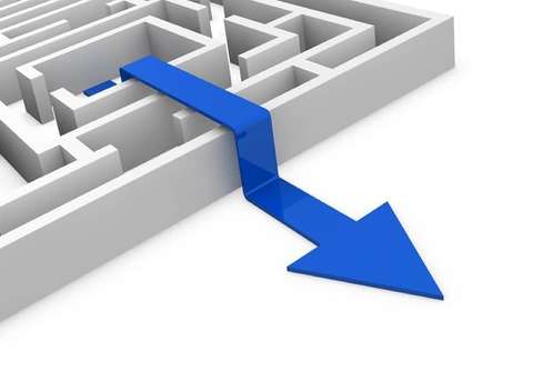 Maze concept illustration showing blue arrow jumping over maze obstruction path