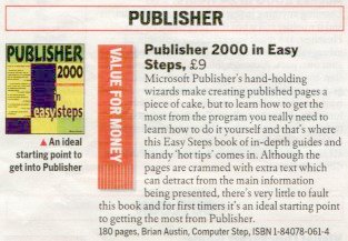 Photo of book review by Computer Active magazine of (Microsoft) Publisher 2000 in easy steps by Brian Austin